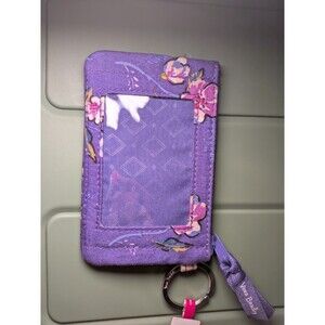 Vera Bradley Purple Wild Roses Zip ID Case With Key Ring Attached NWT